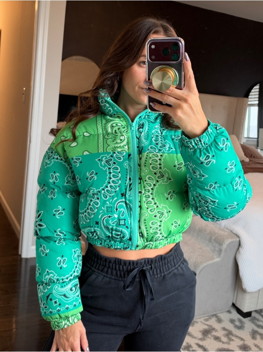 Cropped Green Bandana Print Puffer Jacket - Women